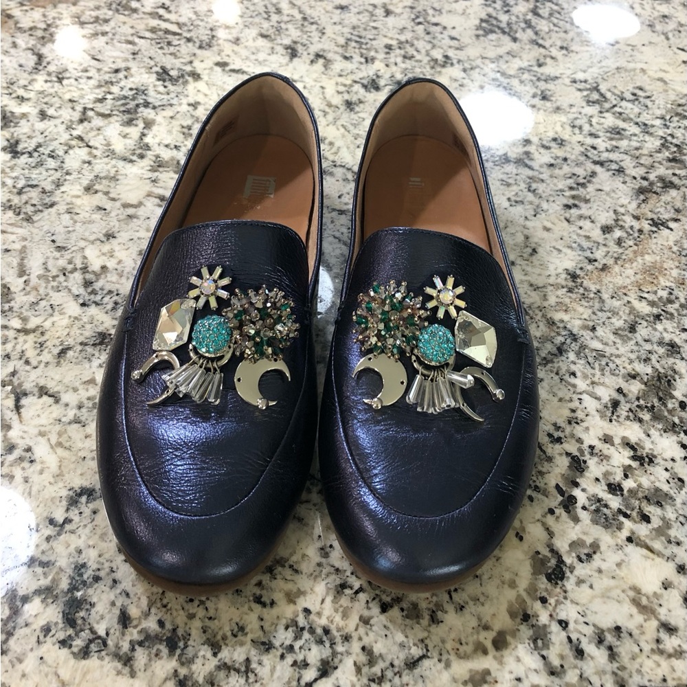 Fitflop Lena Blue Metallic Leather Embellished Beaded Loafers Size 8.